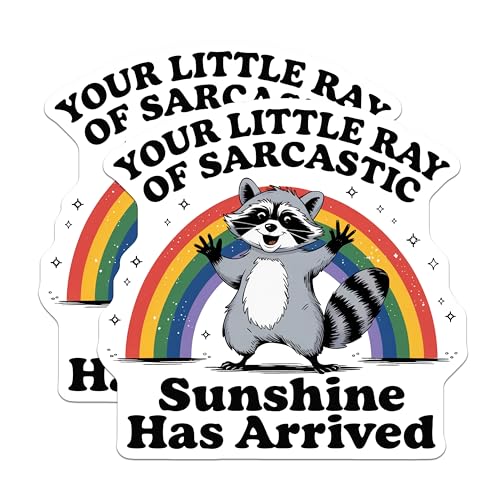 (2 Pack) Your Little Ray of Sarcastic Sunshine Stickers - Raccoon Rainbow Decal - Funny Animal Sticker - 5" On Longest Side - Sticks to Smooth Flat Surfaces - Made in USA - BMCS6093