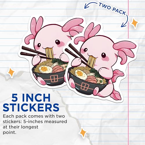 (2 Pack) Cute Axolotl Ramen Stickers - Kawaii Animal - Adorable Food - Fun Decor - 5" On Longest Side - Sticks to Smooth Flat Surfaces - Made in USA - BMCS7775