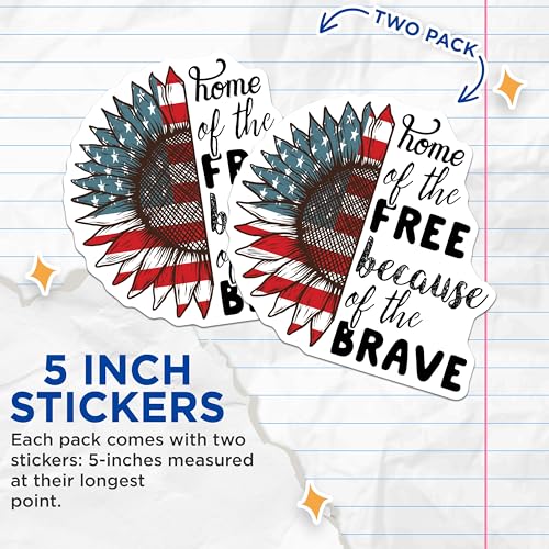 (2 Pack) Patriotic Sunflower Stickers - Home of The Free Stickers - American Flag Decal - Inspirational Quote Stickers - 5" On Longest Side - Sticks to Smooth Flat Surfaces - Made in USA - BMCS5065