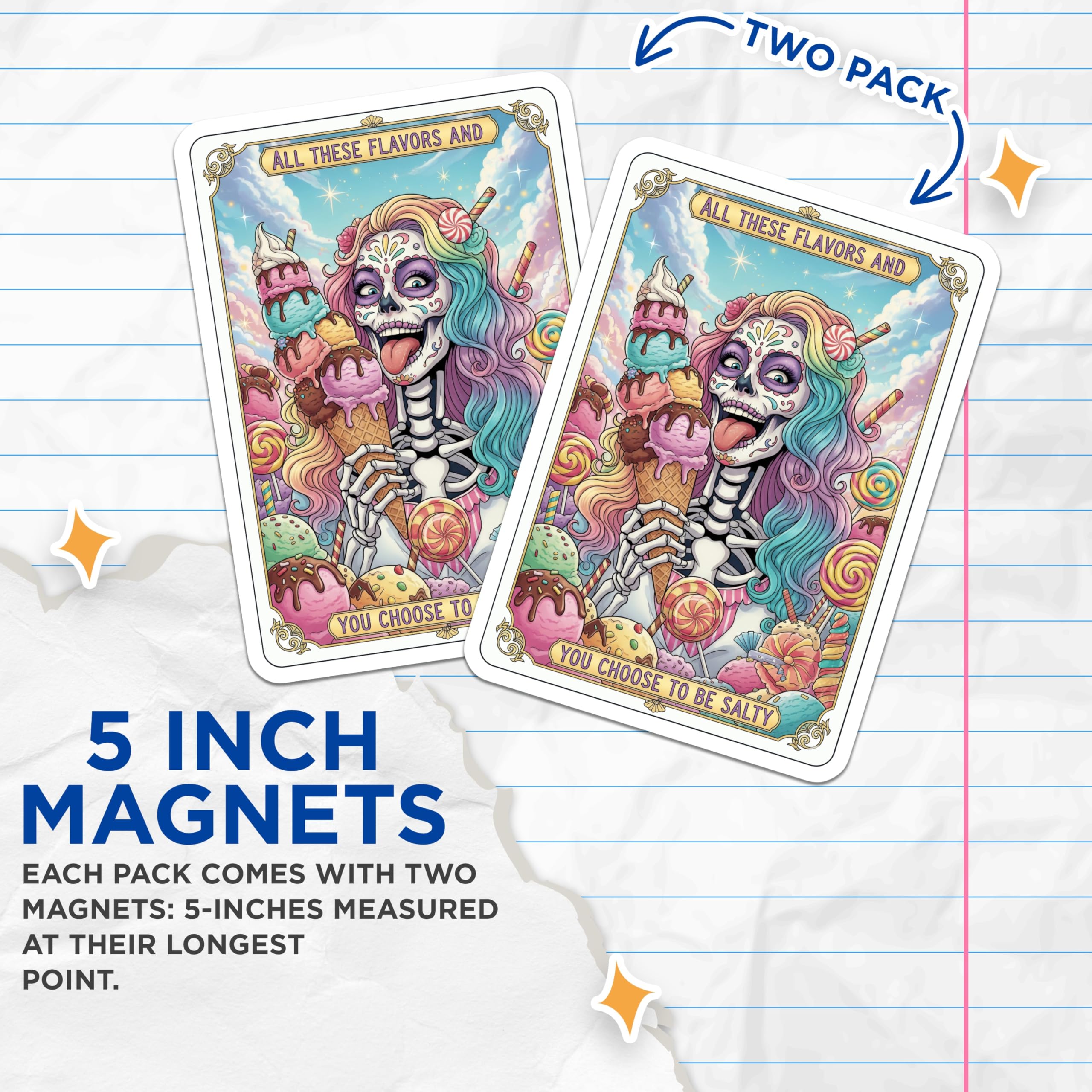 (2 Pack) Sugar Skull Magnets - Ice Cream Candy - Day of The Dead Decor - 5" On Longest Side - Premium Magnet - for Cars, Refrigerators, Toolboxes, Lockers - Made in USA - MAG14722