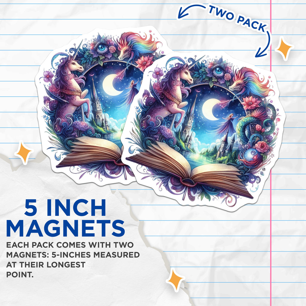(2 Pack) Fantasy Storybook Magnets - Magical Fairytale Decor - Mystical Book Lover Art - 5 Inches On Longest Side - Thick Durable Magnet - Made in USA - MAG39711