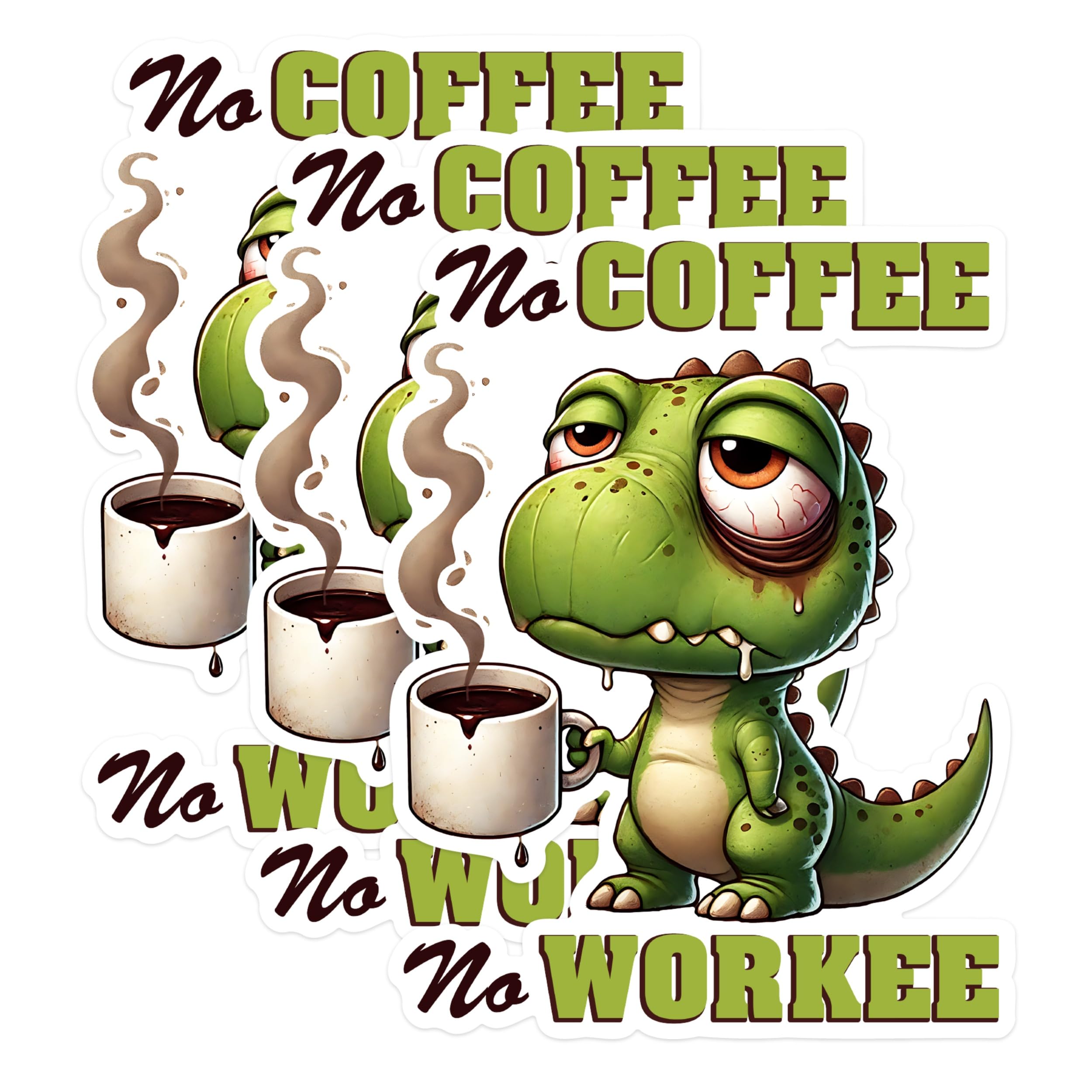 (3 Pack) No Coffee No Workee Decals - Tired Dinosaur - Coffee Lover Sticker - 3 Inches On Longest Side - Easy Peel & Apply - Made in USA - 3MCS1585