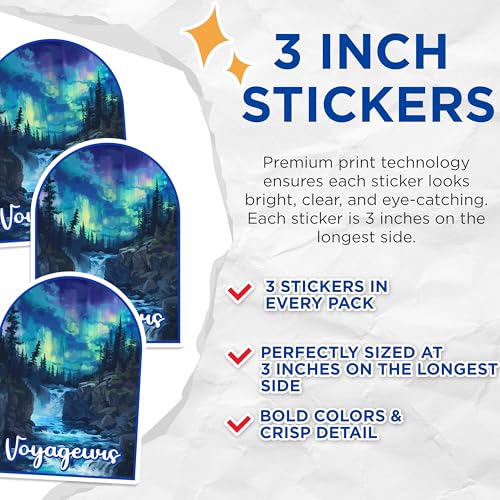(3 Pack) Voyageurs Decals - Northern Lights Sticker - Waterfall Laptop Decal - 3 Inches On Longest Side - Easy Peel & Apply - Made in USA - 3MCS0437