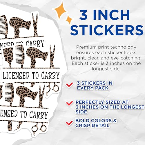 (3 Pack) Licensed to Carry Decals - Hair Stylist Tool Decal - Leopard Print Decal - 3 Inches On Longest Side - Easy Peel & Apply - Made in USA - 3MCS6332