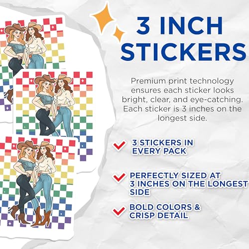 (3 Pack) Cowgirl Decals - Western Fashion Stickers - Lesbian Pride Cowboy Girls- 3 Inches On Longest Side - Easy Peel & Apply - Made in USA - 3MCS5710