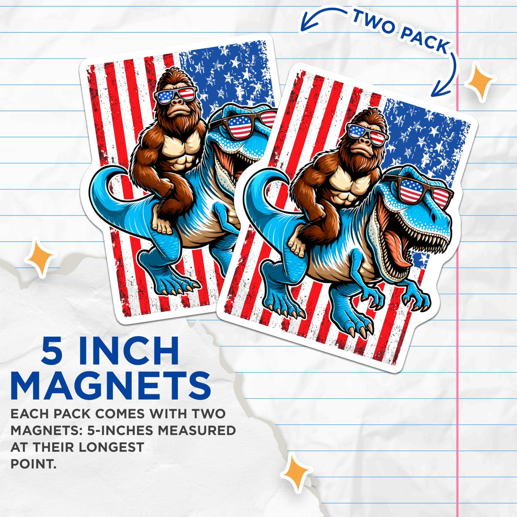 (2 Pack) Bigfoot T-Rex Magnets - American Flag Sunglasses - Patriotic Dinosaur Decor - 5 Inches On Longest Side - Thick Durable Magnet - Made in USA - MAG21731