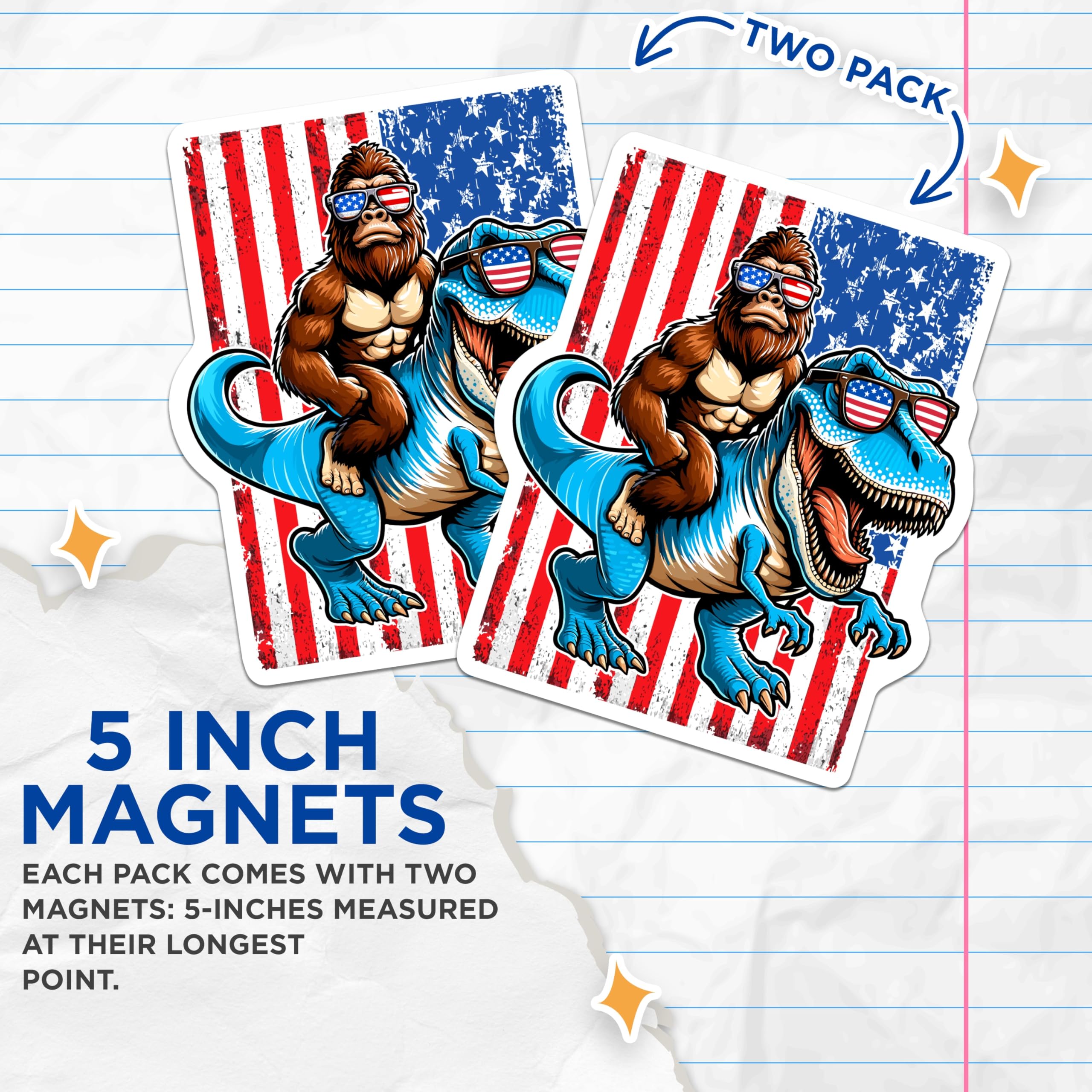 (2 Pack) Bigfoot T-Rex Magnets - American Flag Sunglasses - Patriotic Dinosaur Decor - 5 Inches On Longest Side - Thick Durable Magnet - Made in USA - MAG21731
