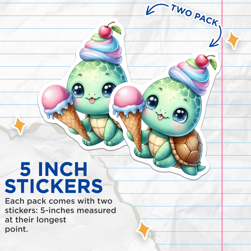 (2 Pack) Cute Kawaii Turtle Ice Cream Stickers - Adorable Animal Character Decal - Sweet Summer Dessert Theme Stickers - 5" On Longest Side - Sticks to Smooth Flat Surfaces - Made in USA - BMCS21657