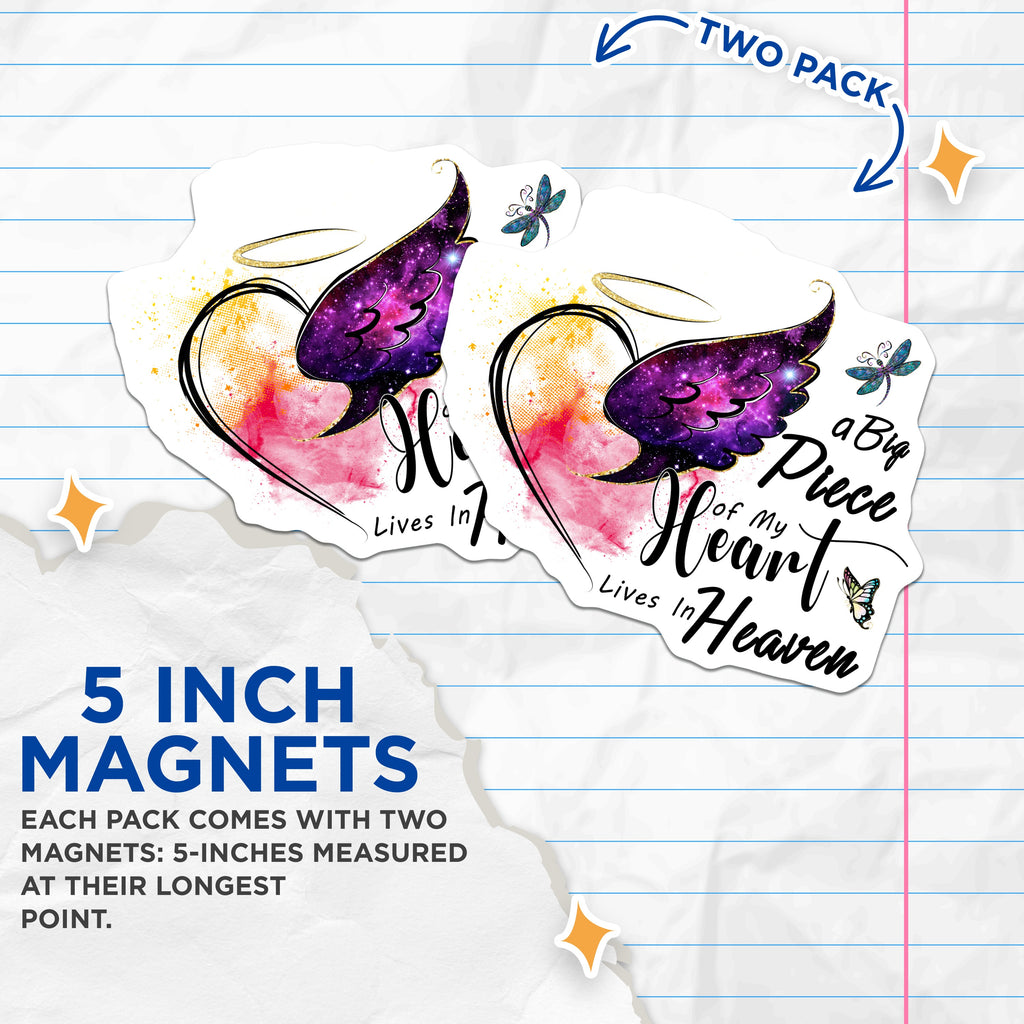 (2 Pack) A Big Piece of My Heart Lives in Heaven Magnets - Sympathy Memorial - Remembrance Angel Wing - 5 Inches On Longest Side - Thick Durable Magnet - Made in USA - MAG37922