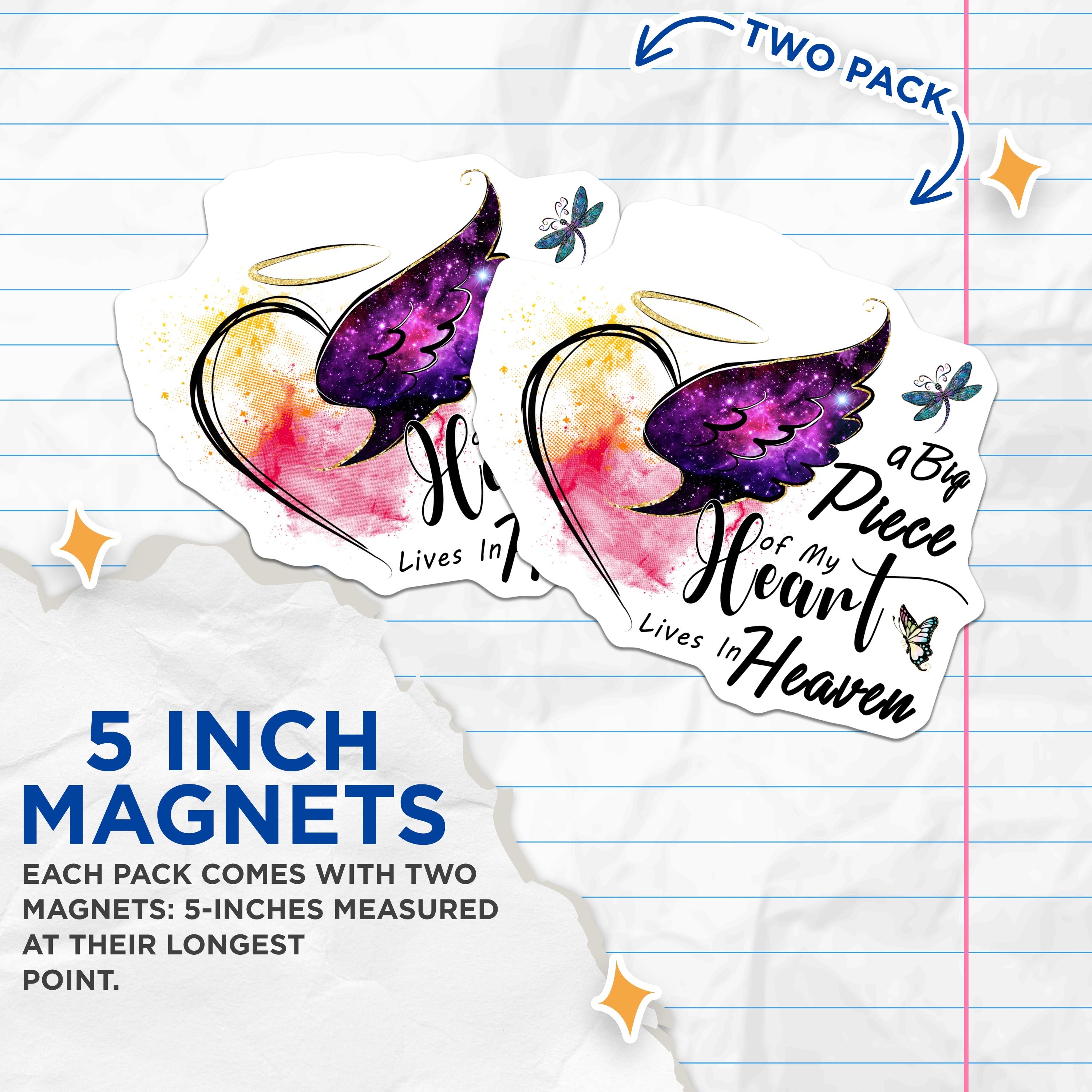 (2 Pack) A Big Piece of My Heart Lives in Heaven Magnets - Sympathy Memorial - Remembrance Angel Wing - 5 Inches On Longest Side - Thick Durable Magnet - Made in USA - MAG37922