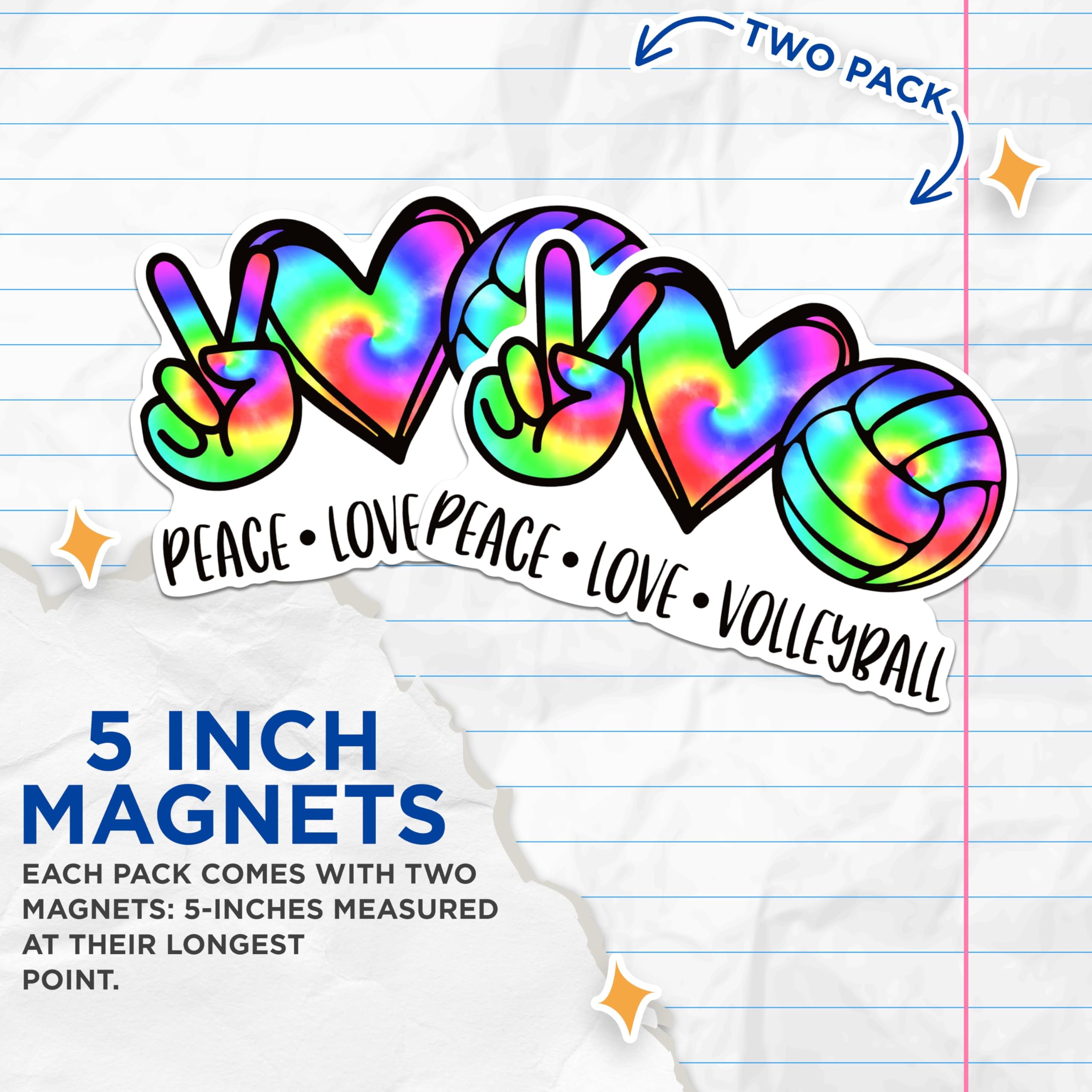 (2 Packs) Peace Love Volleyball Tiedye Magnets - Volleyball Player Mom Tie Dye Magnets - 5 Inches On Longest Side - Premium Magnet - for Fridges, Toolboxes, Cars - Made in USA - MAG2354