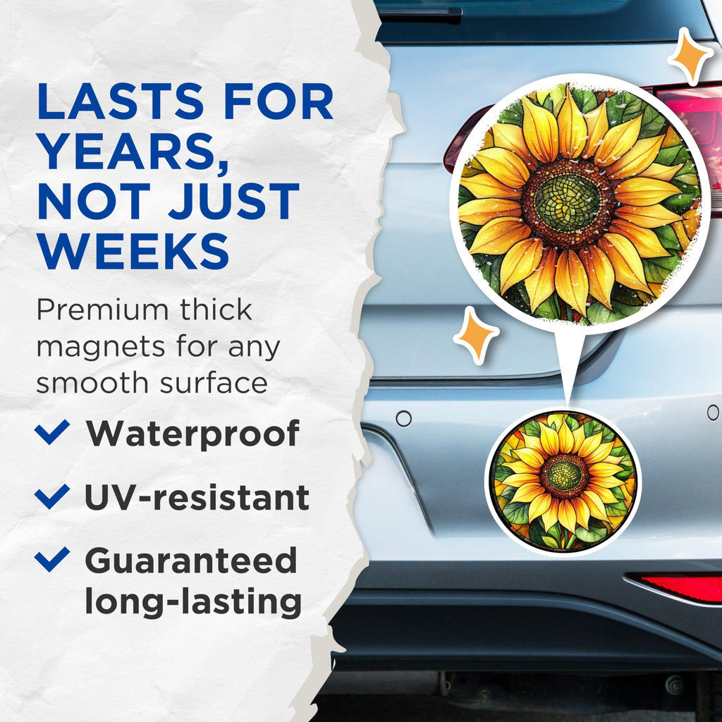 (2 Pack) Stained Glass Sunflower Magnets - Floral Art Decor - Vibrant Kitchen Fridge Accent - 5 Inches On Longest Side - Thick Durable Magnet - Made in USA - MAG23870