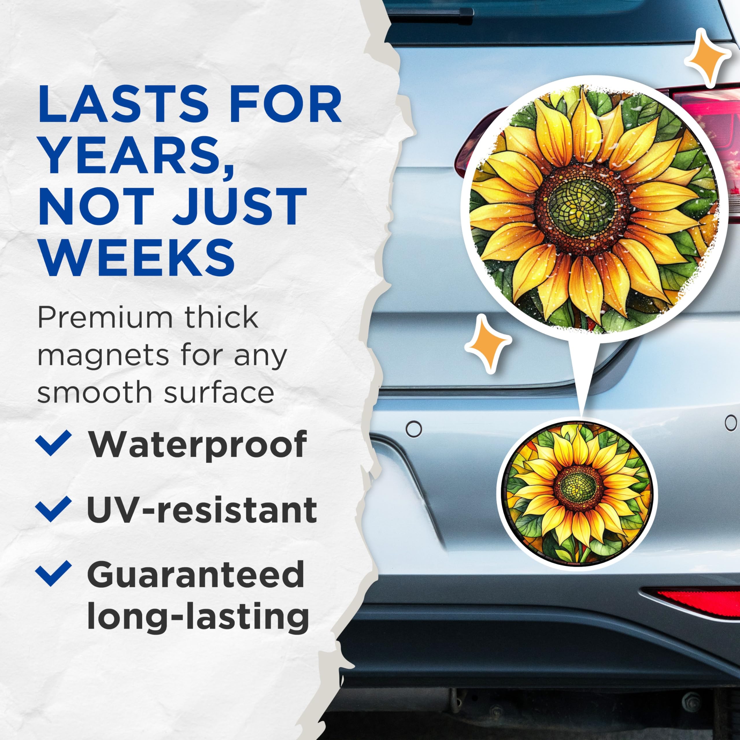 (2 Pack) Stained Glass Sunflower Magnets - Floral Art Decor - Vibrant Kitchen Fridge Accent - 5 Inches On Longest Side - Thick Durable Magnet - Made in USA - MAG23870