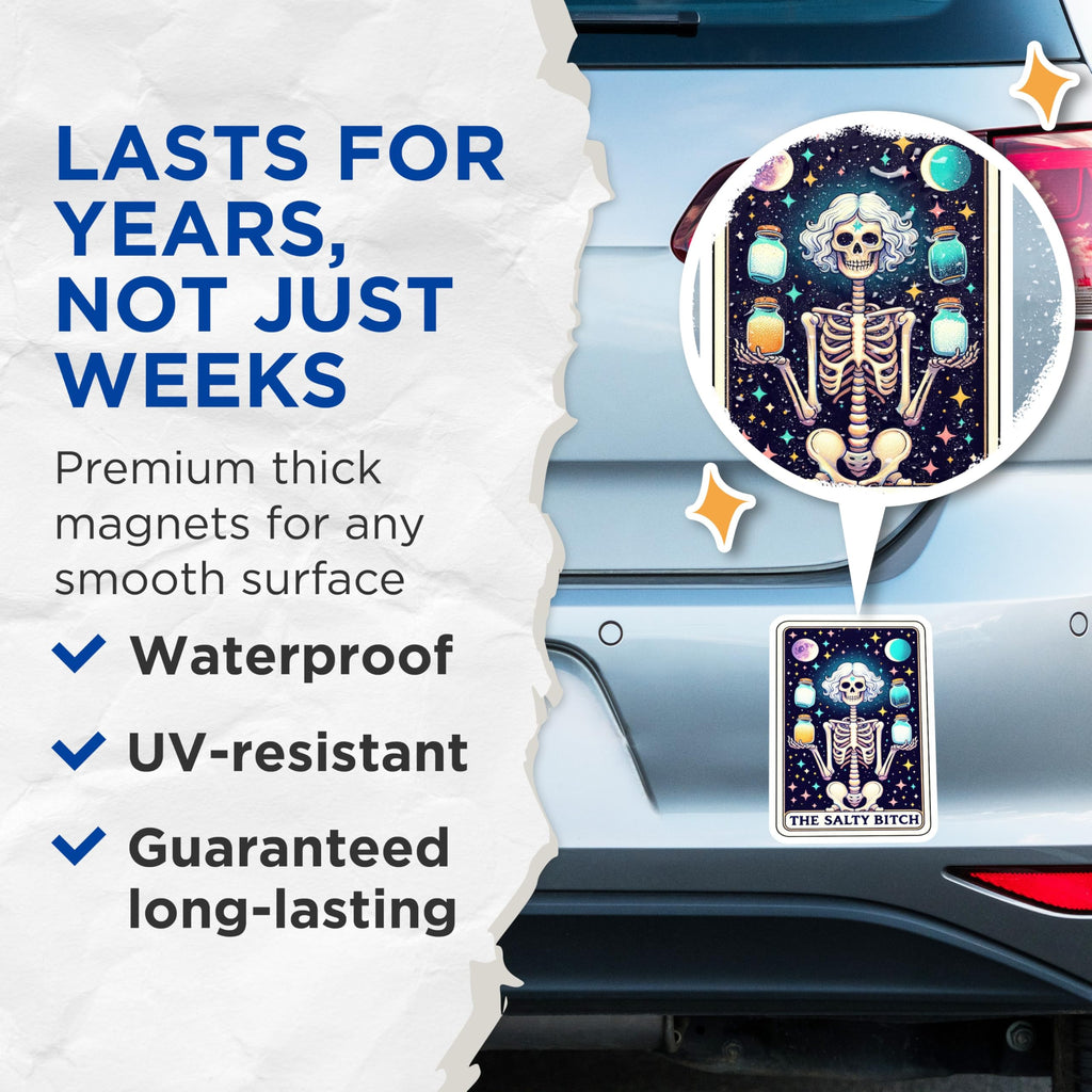 (2 Pack) Salty Bitch Magnets - Skeleton Tarot Art - Humorous Witchy Kitchen Decor - 5 Inches On Longest Side - Thick Durable Magnet - Made in USA - MAG23665