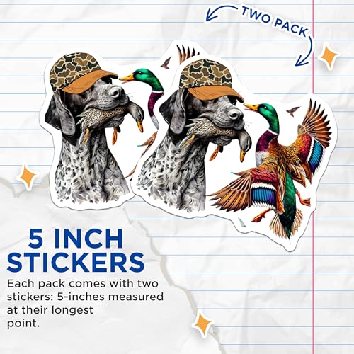 (2 Pack) Hunting Dog Stickers - Mallard Duck Stickers - Wildlife Art Stickers - Outdoors Enthusiast Stickers - 5" On Longest Side - Sticks to Smooth Flat Surfaces - Made in USA - BMCS4833