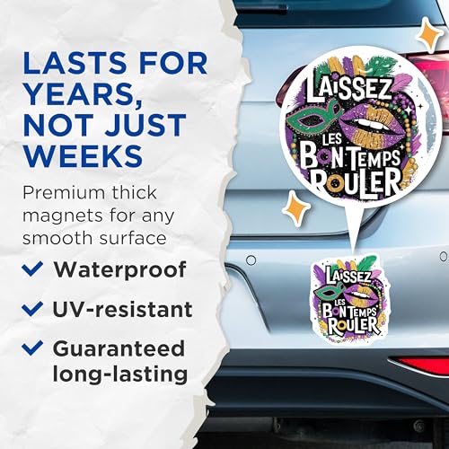 (2 Pack) Mardi Gras Magnets - Laissez les Bon Temps Rouler - Fun Mardi Gras ations - Celebration Magnets - 5" On Longest Side - for Cars, Fridges, Toolboxes - Made in USA - MAG3811