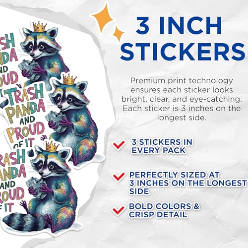 (3 Pack) Trash Panda Decals - Funny Raccoon - Laptop Decals - 3 Inches On Longest Side - Easy Peel & Apply - Made in USA - 3MCS0922