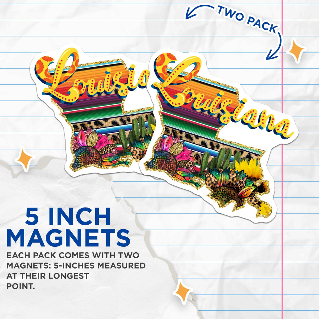 (2 Pack) Louisiana Magnets - Serape Sunflowers - Leopard Print State Map - 5 Inches On Longest Side - Thick Durable Magnet - Made in USA - MAG19473