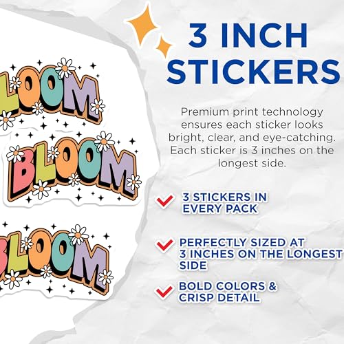 (3 Pack) Bloom Decals - Floral Decals - Groovy Sticker - 3 Inches On Longest Side - Easy Peel & Apply - Made in USA - 3MCS8392