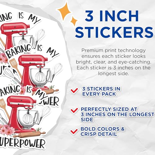(3 Pack) Baking is My Superpower Decals - Baker Decals - Kitchen Mixer Decal - 3 Inches On Longest Side - Easy Peel & Apply - Made in USA - 3MCS1641