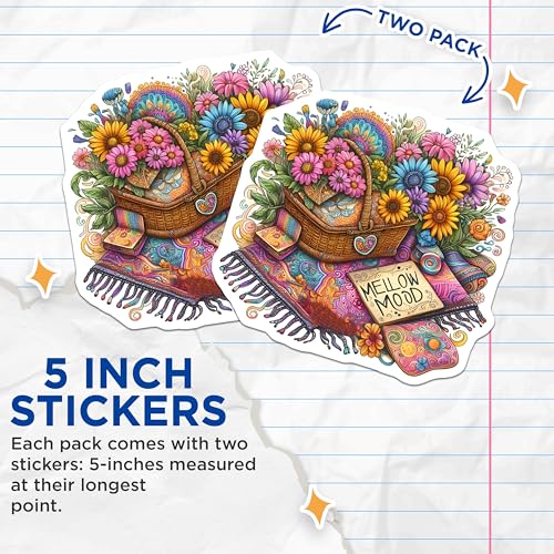 (2 Pack) Floral Boho Stickers - Flower Basket Art - 5" On Longest Side - Sticks to Smooth Flat Surfaces - Made in USA - BMCS8837 - BMCS8837