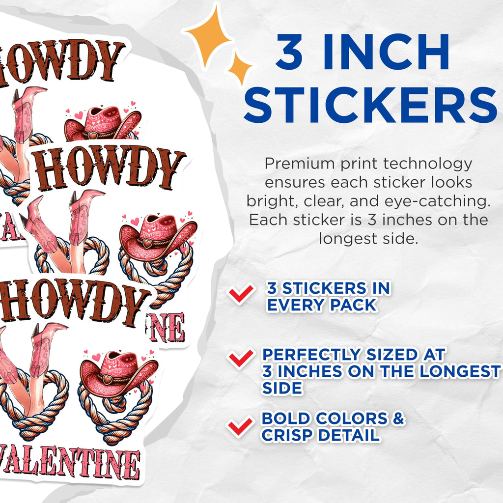 (3 Pack) Howdy Valentine Decals - Cowboy Boots - Country Valentine - 3 Inches On Longest Side - Easy Peel & Apply - Made in USA - 3MCS1914