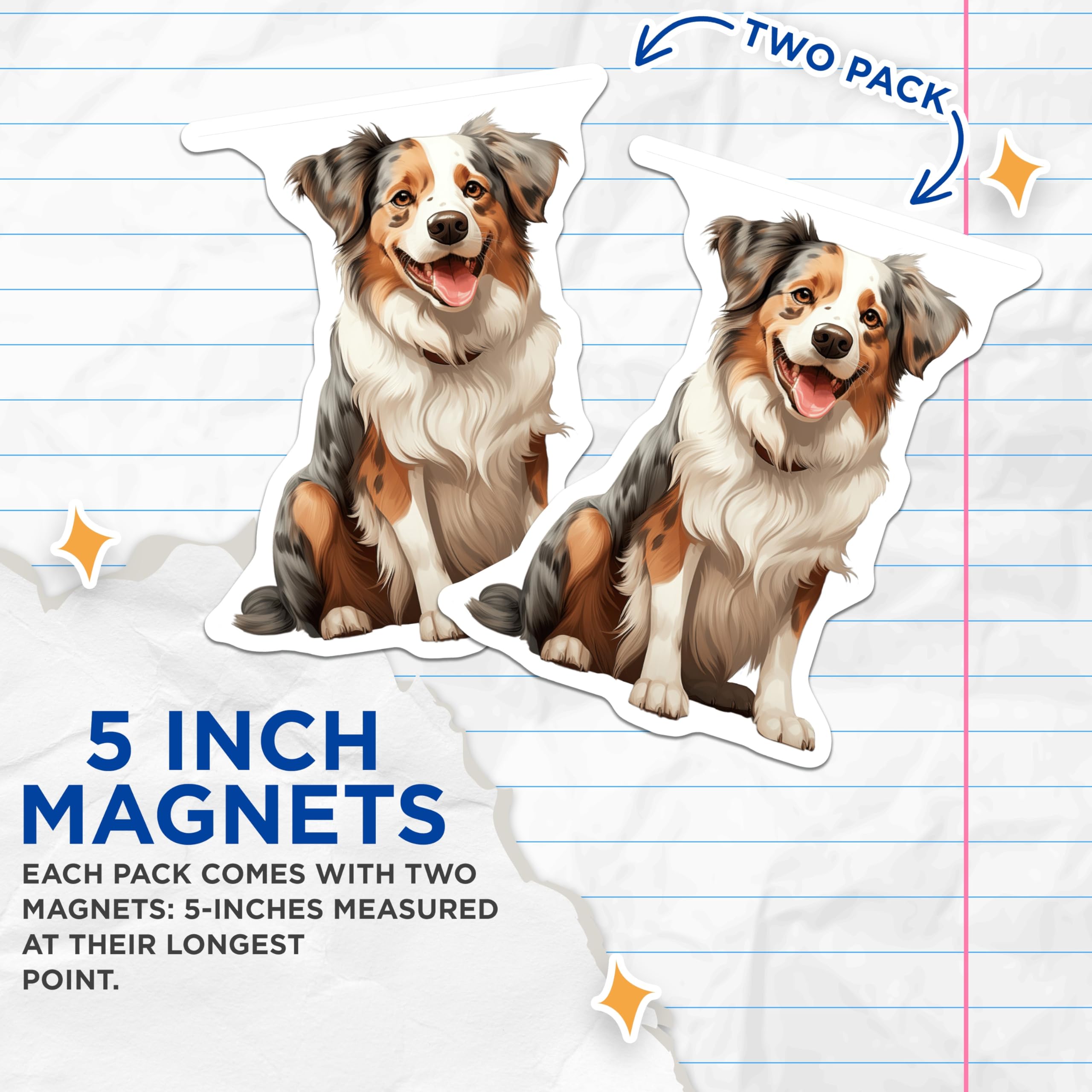 (2 Pack) Australian Shepherd Dog Magnets - Aussie Dog Lover Fridge Decor - Pet Parent Refrigerator Accessory - 5 Inches On Longest Side - Thick Durable Magnet - Made in USA - MAG27183