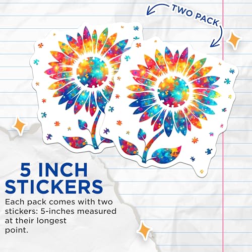 (2 Pack) Colorful Puzzle Pieces Sunflower Stickers - Vibrant Flower Decal - Nature Inspired Art - 5" On Longest Side - Sticks to Smooth Flat Surfaces - Made in USA - BMCS7894