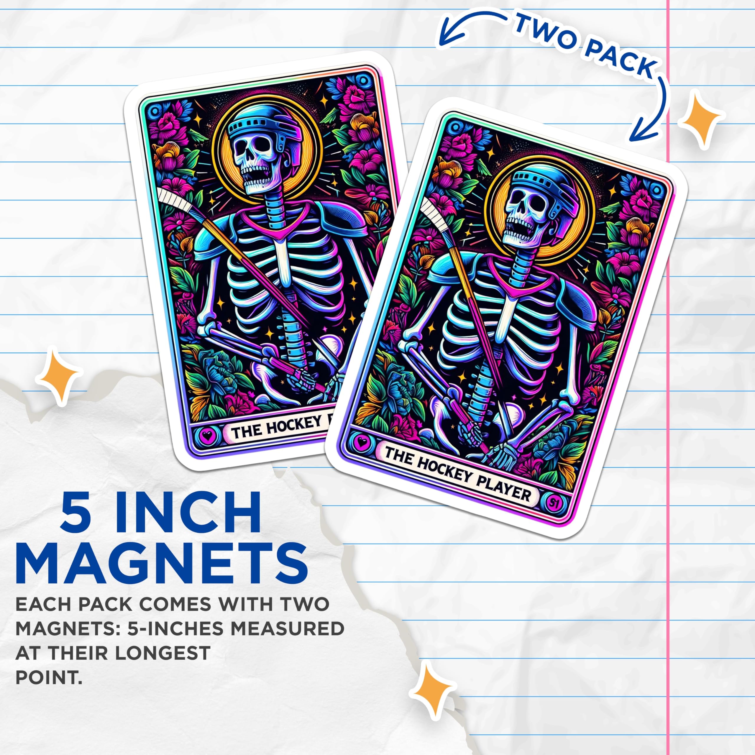 (2 Pack) Hockey Skeleton Magnets - Neon Floral Skull Decor - Tarot Card Style Ice Hockey Player Art - 5 Inches On Longest Side - Thick Durable Magnet - Made in USA - MAG24630