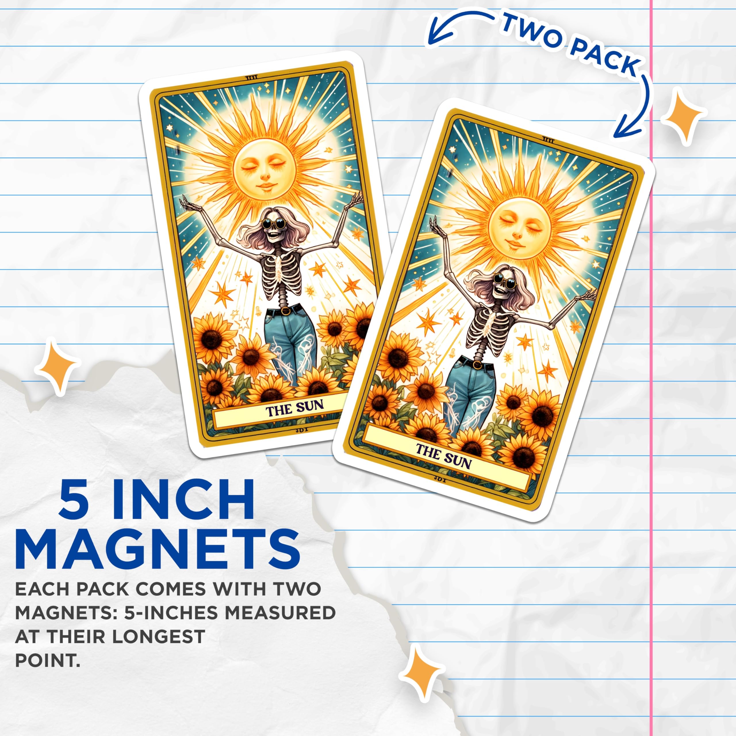 (2 Pack) Tarot Sun Card Magnets - Skeleton Sun Art - Mystical Bohemian Decor - Positive Vibe Refrigerator Magnets - 5 Inches On Longest Side - Thick Durable Magnet - Made in USA - MAG25264