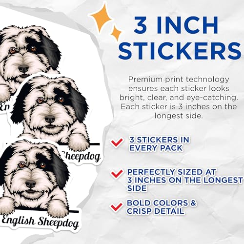 (3 Pack) Old English Sheepdog Decals - Dog Breed Stickers - Laptop Decal - 3 Inches On Longest Side - Easy Peel & Apply - Made in USA - 3MCS3000