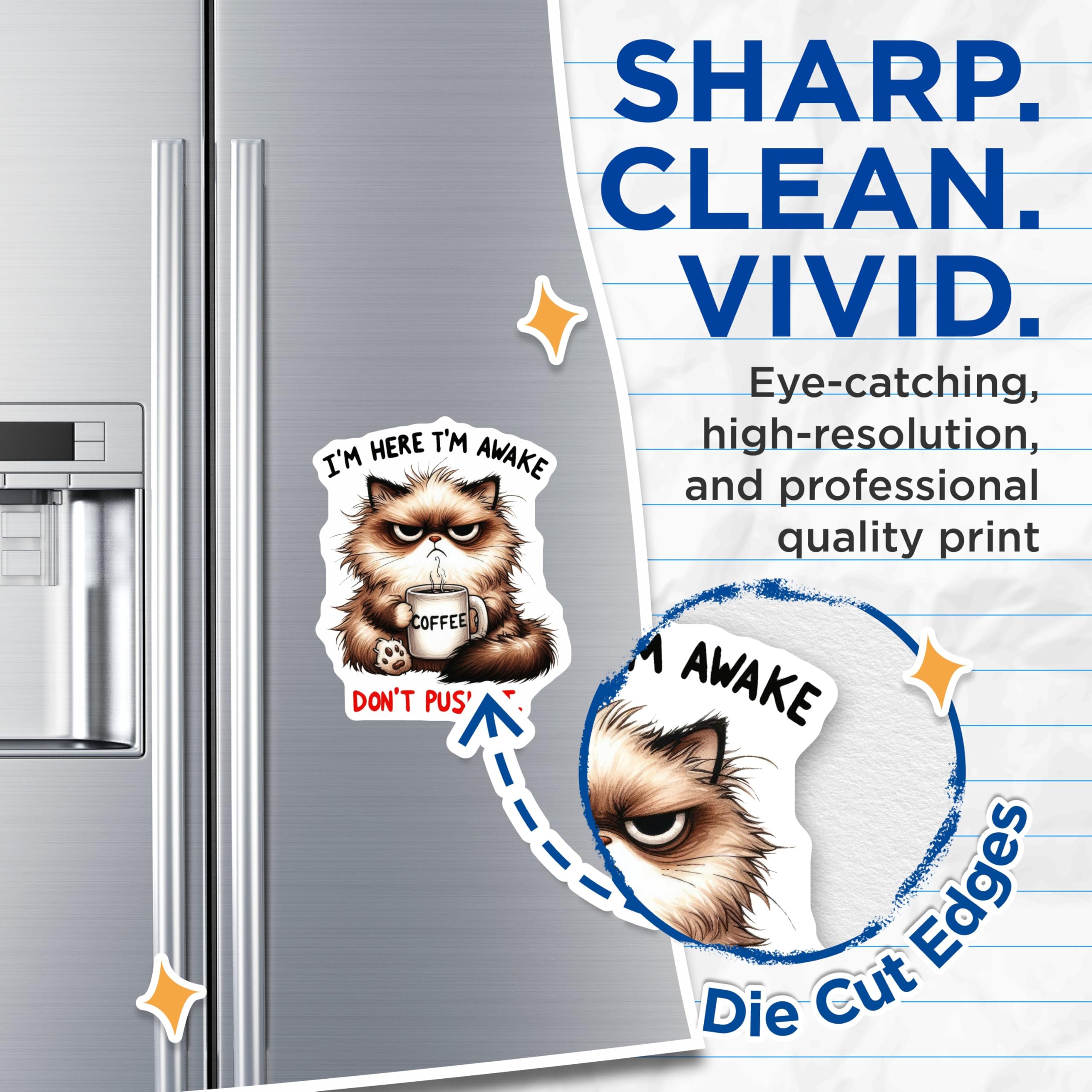 (2 Pack) Grumpy Cat Magnets - Coffee Lover Decor - Funny Feline Fridge Accessory - 5" On Longest Side - Sticks to Smooth Flat Surfaces - Made in USA - MAG10496