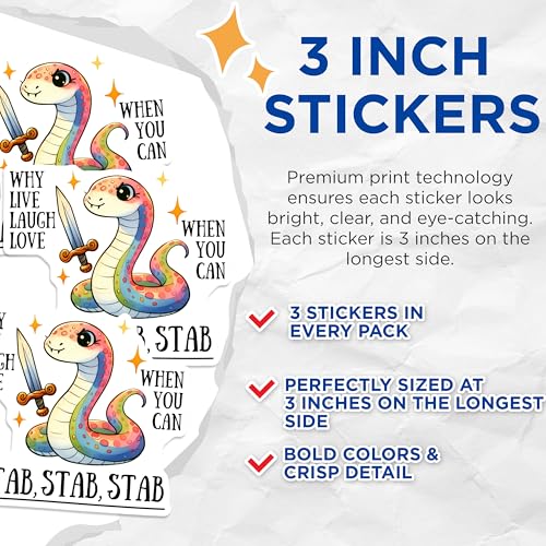 (3 Pack) Snake Decals - Funny Snake Meme - Live Laugh Love - Stab Stab Stab - Laptop Decals - 3 Inches On Longest Side - Easy Peel & Apply - Made in USA - 3MCS8445