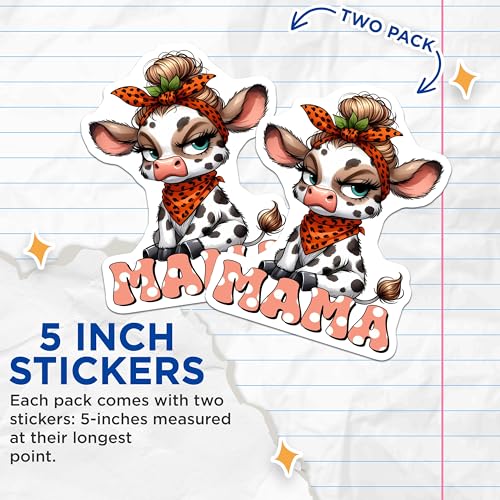 (2 Pack) Cute Mama Cow Stickers - Animal Lover Stickers - Farm Theme Stickers - 5" On Longest Side - Sticks to Smooth Flat Surfaces - Made in USA - BMCS3788