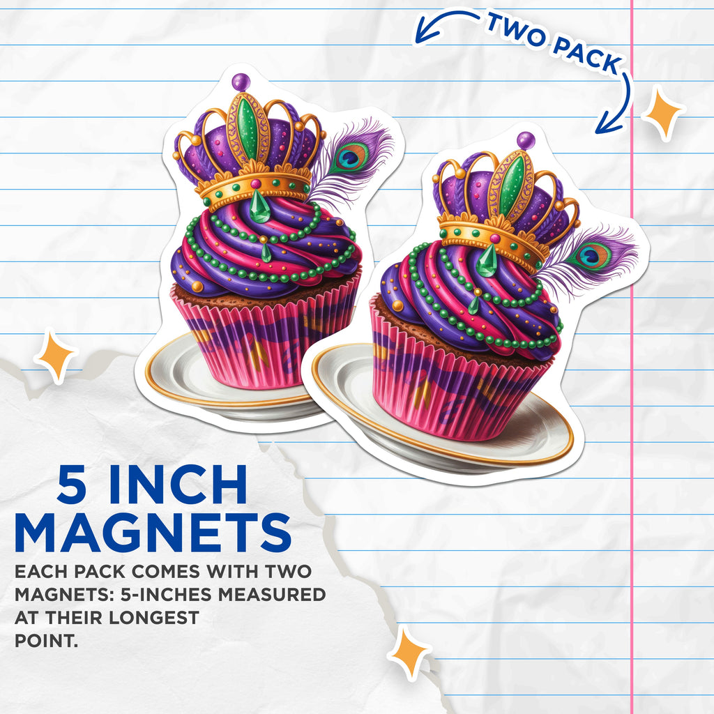 (2 Pack) Mardi Gras Cupcake Magnets - New Orleans Decor - Festive Refrigerator Art - 5 Inches On Longest Side - Thick Durable Magnet - Made in USA - MAG39307