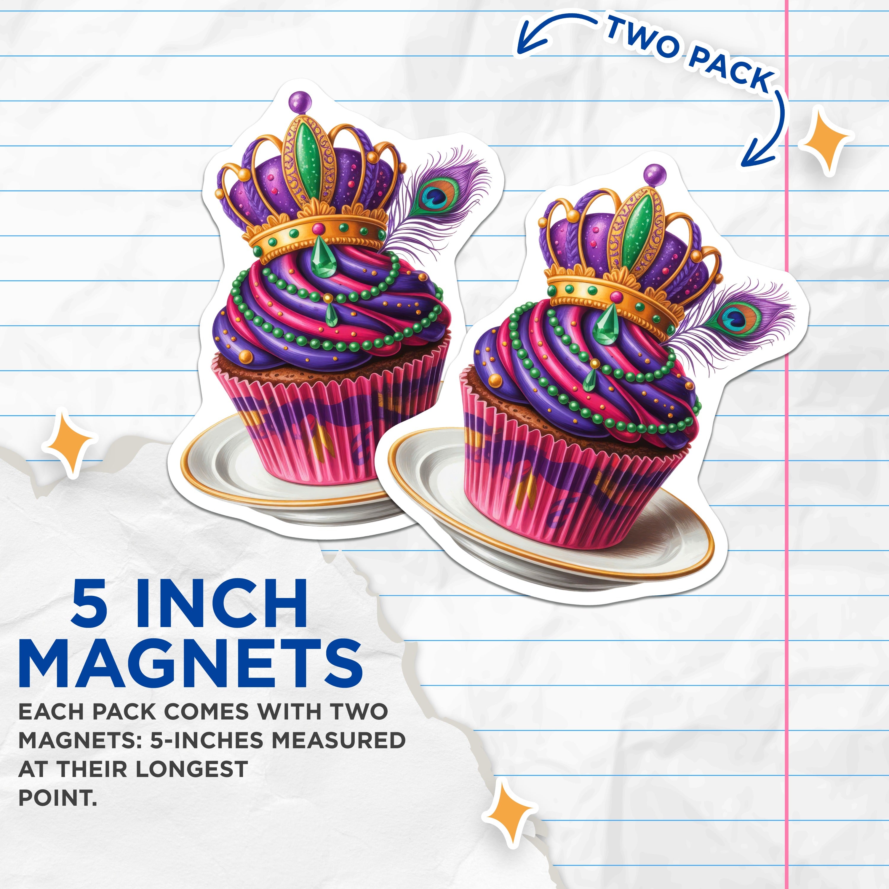 (2 Pack) Mardi Gras Cupcake Magnets - New Orleans Decor - Festive Refrigerator Art - 5 Inches On Longest Side - Thick Durable Magnet - Made in USA - MAG39307
