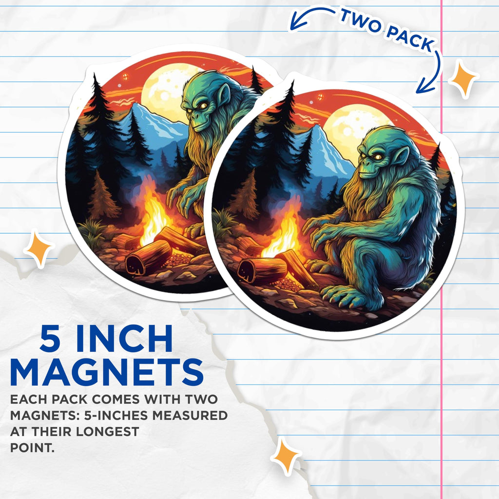 (2 Pack) Bigfoot Magnets - Sasquatch Campfire Scene - Forest Wilderness Decor - Cryptid Folklore Art - Mysterious Creature - 5 Inches On Longest Side - Thick Durable Magnet - Made in USA - MAG20712