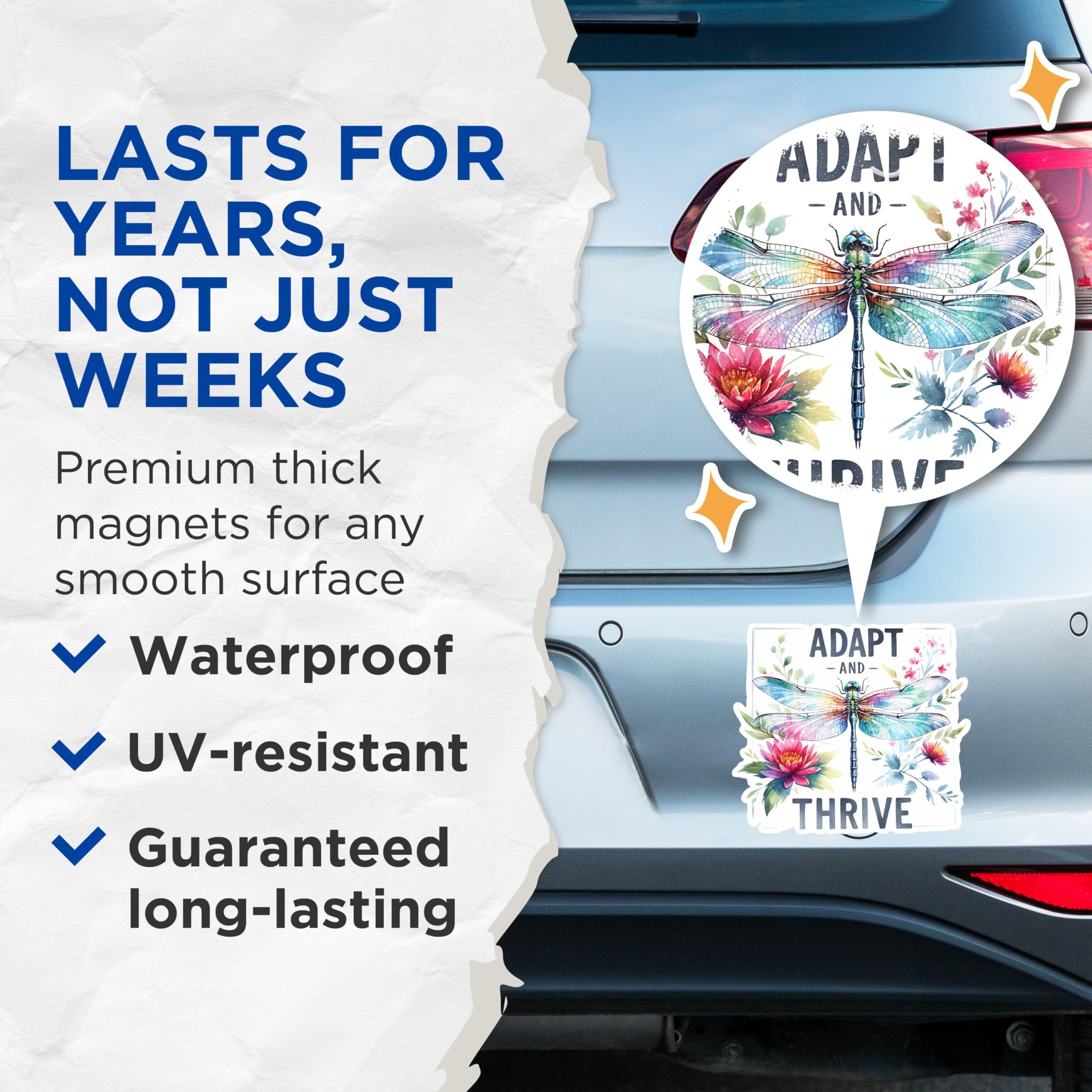 (2 Pack) Adapt and Thrive Magnets - Motivational Dragonfly Magnets - Floral Inspirational Magnets- 5" On Longest Side - for Fridges, Toolboxes, Cars - Made in USA - MAG2696