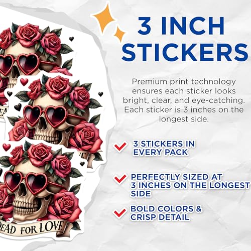 (3 Pack) Skull with Roses Decals - Dead for Love Sticker - Heart Glasses Decals - 3 Inches On Longest Side - Easy Peel & Apply - Made in USA - 3MCS7527