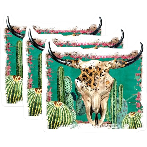 (3 Pack) Bull Skull Decals - Cactus Decals - Western Decal - 3 Inches On Longest Side - Easy Peel & Apply - Made in USA - 3MCS4579