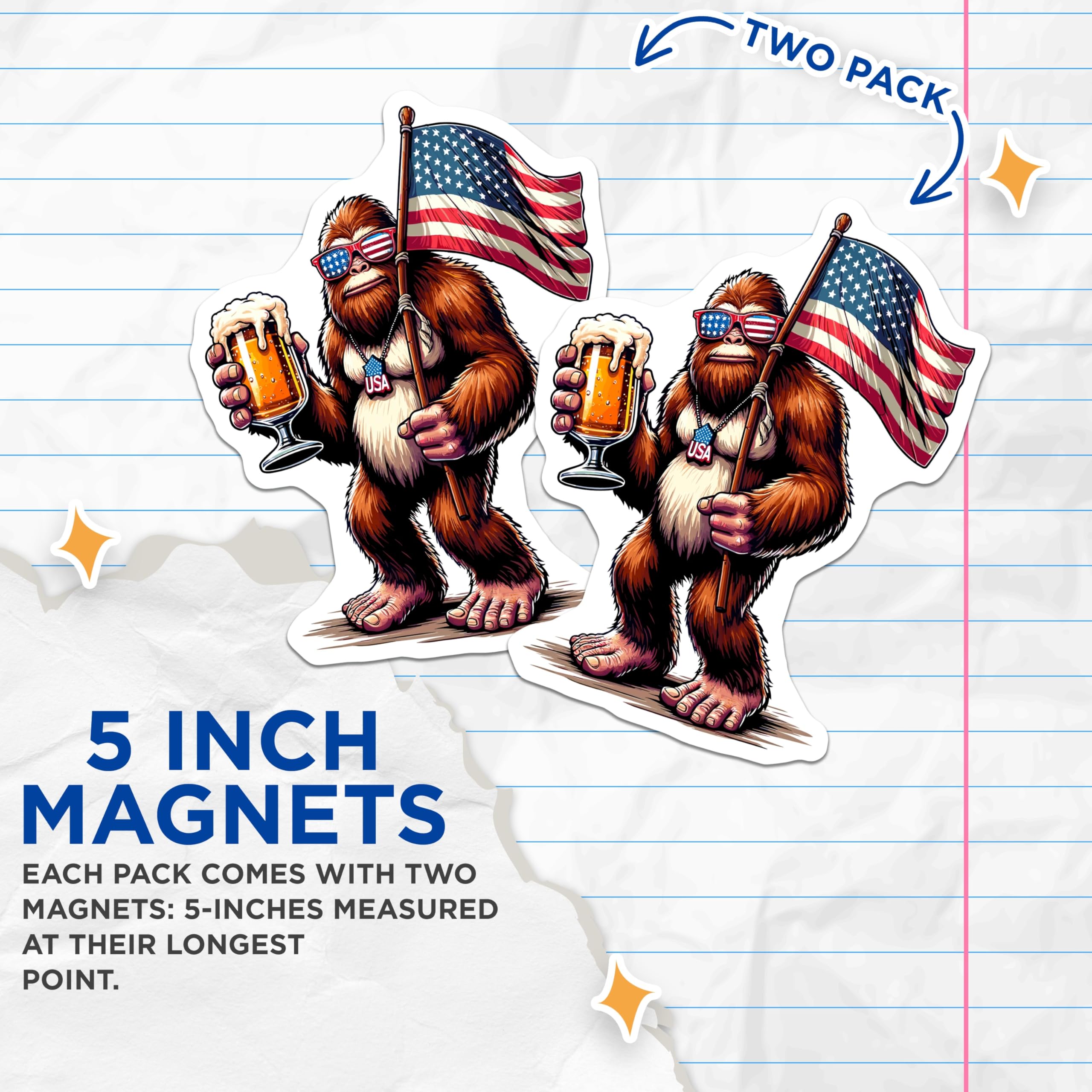 (2 Pack) Bigfoot Magnets - Patriotic American Sasquatch Decor - Beer Flag Refrigerator Magnet - 5 Inches On Longest Side - Thick Durable Magnet - Made in USA - MAG22890