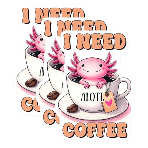(3 Pack) Axolotl Coffee Decals - Cute Axolotl - Coffee Lover Decals - 3 Inches On Longest Side - Easy Peel & Apply - Made in USA - 3MCS2061