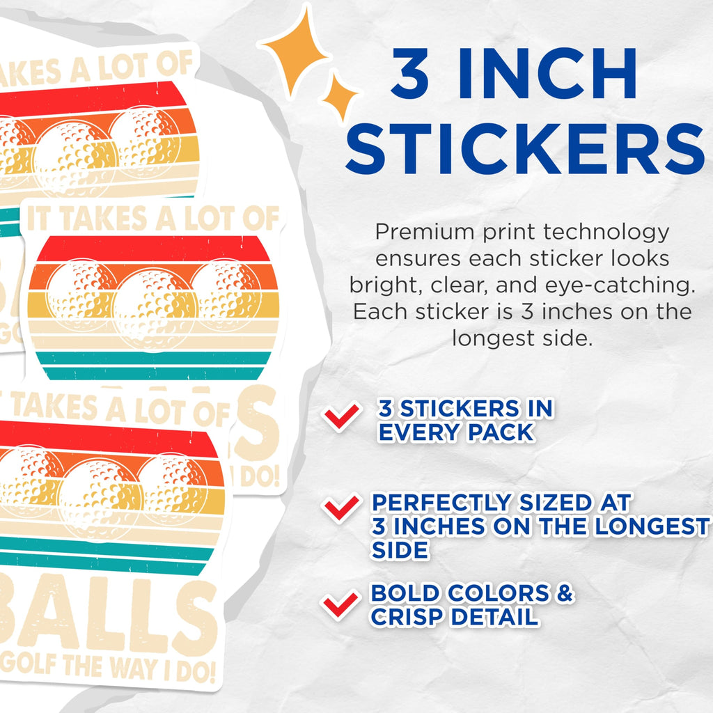 (3 Pack) Funny Golf Decals - Golfing Balls - Retro Golf Laptop Decal - 3 Inches On Longest Side - Easy Peel & Apply - Made in USA - 3MCS2466