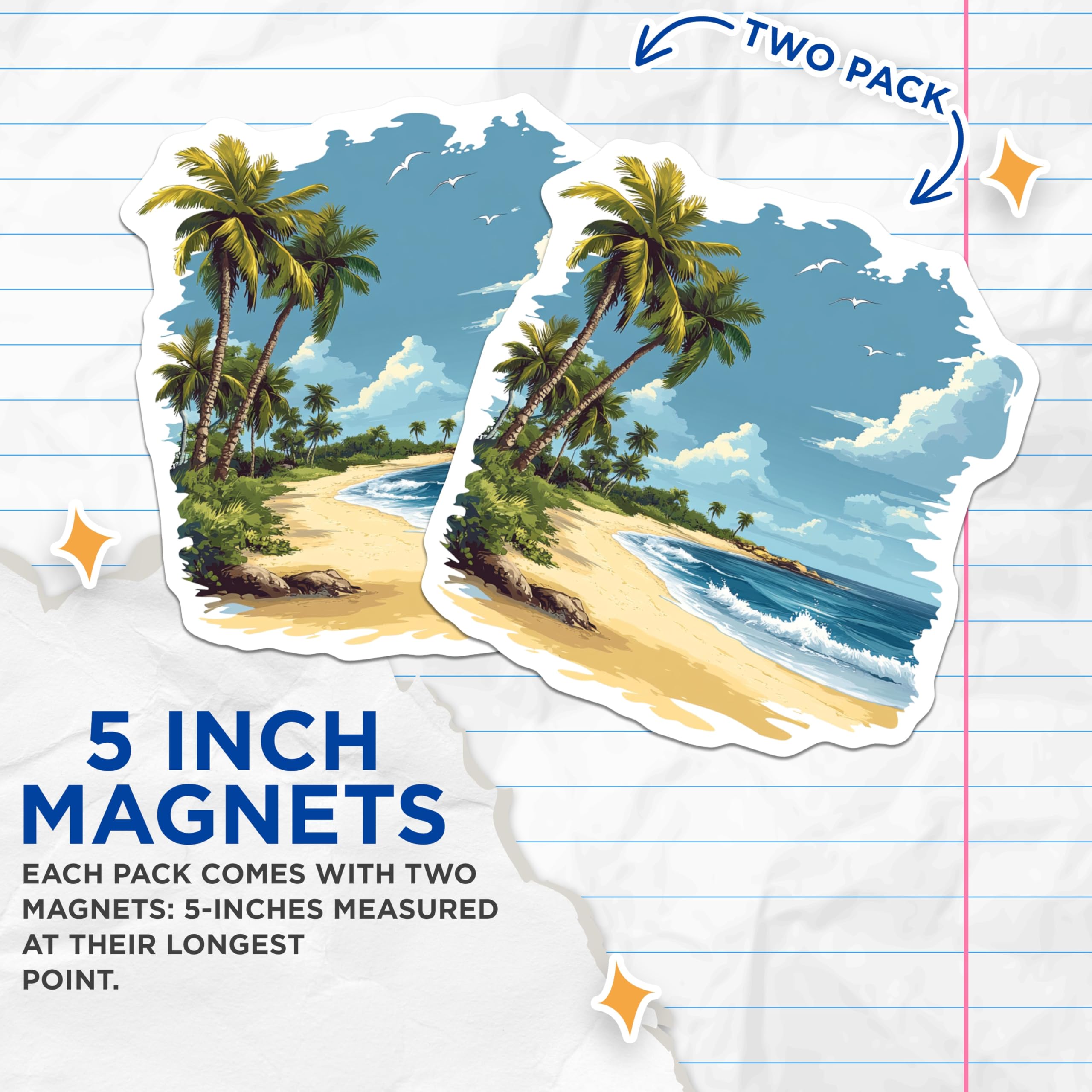 (2 Pack) Tropical Island Beach Magnets - Vibrant Palm Trees Ocean Waves - Coastal Refrigerator Locker Decor Vacation Home Art - 5 Inches On Longest Side - Thick Durable Magnet - Made in USA - MAG23949