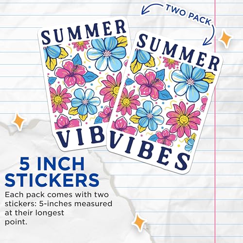 (2 Pack) Summer Vibes Stickers - Floral Design - Bright Colorful Flowers - 5" On Longest Side - Sticks to Smooth Flat Surfaces - Made in USA - BMCS9582