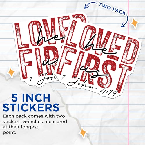 (2 Pack) Loved He First Us Stickers - Inspirational Bible Verse Stickers - Christian Faith Stickers - 5" On Longest Side - Sticks to Any Smooth Flat Surface - Made in USA - BMCS3110