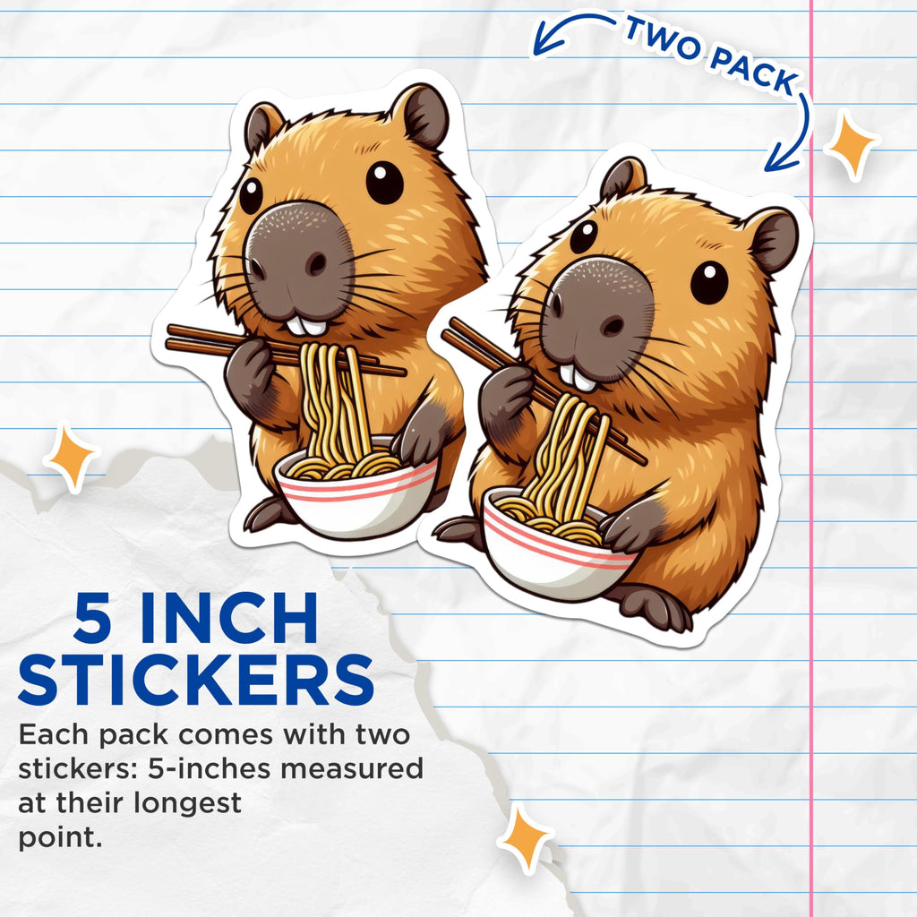 (2 Pack) Adorable Capybara Eating Noodles Stickers - Cute Animal Art - Illustrated Foodie Sticker - 5" On Longest Side - Sticks to Smooth Flat Surfaces - Made in USA - BMCS9920