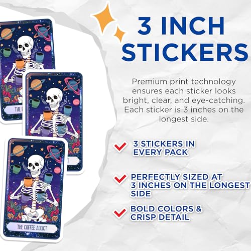 (3 Pack) Coffee Addict Decals - Skeleton Juggling Mugs - Funny Laptop Decals - 3 Inches On Longest Side - Easy Peel & Apply - Made in USA - 3MCS8756