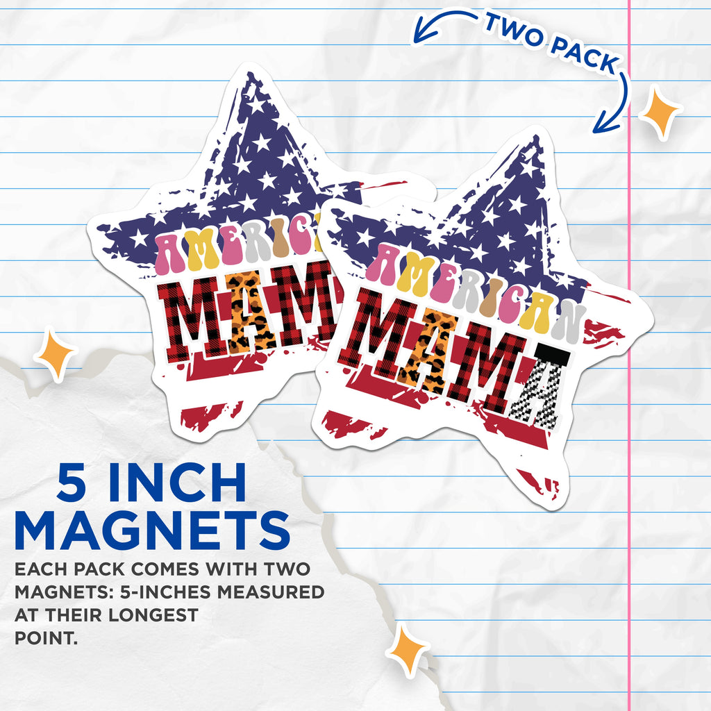 (2 Pack) American Mama Magnets - Patriotic Mom Style - Distressed Flag Decor - Country Western Mama - 5 Inches On Longest Side - Thick Durable Magnet - Made in USA - MAG38142