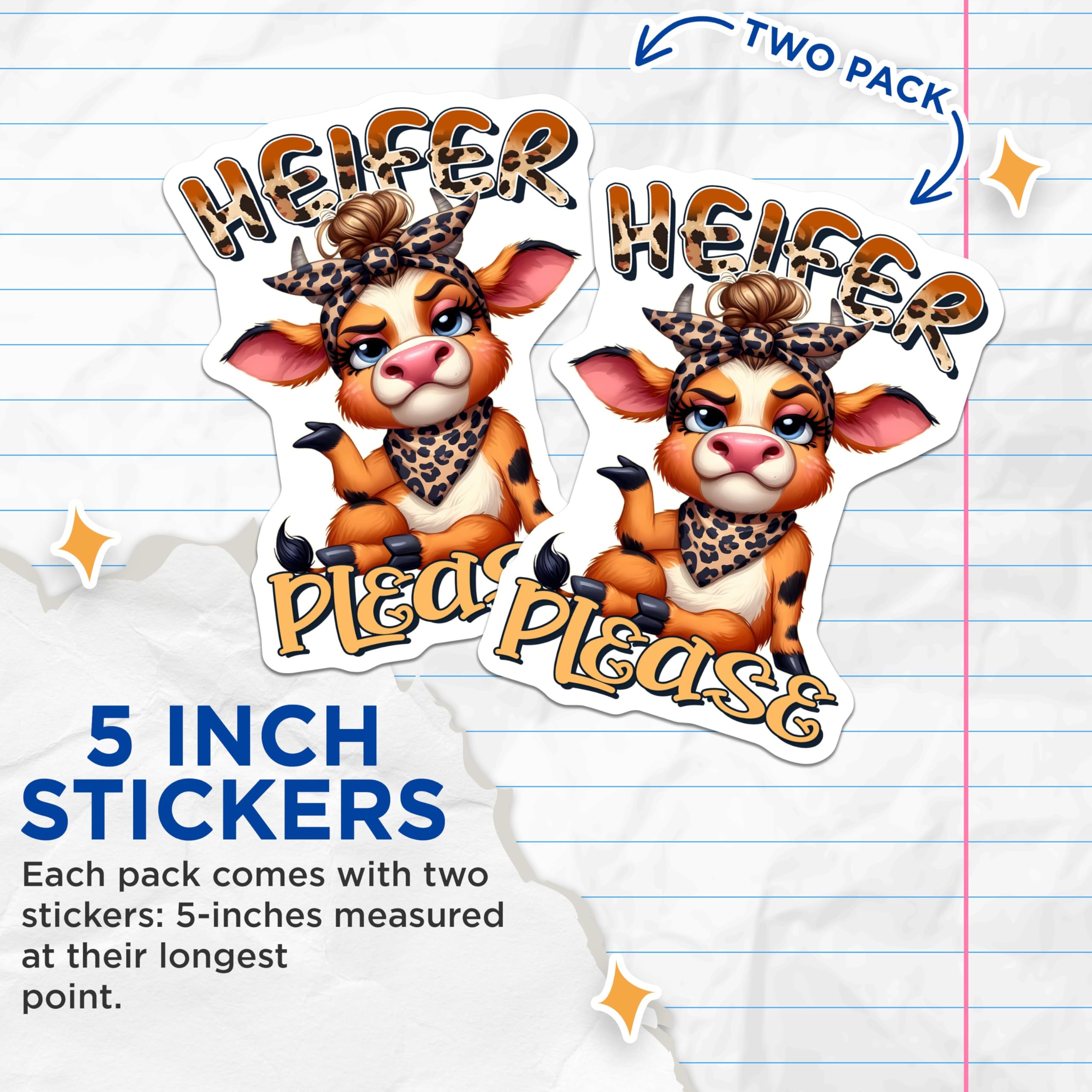 (2 Pack) Heifer Please Stickers - Funny Cow Stickers - Cute Animal Decals - Sassy Farm Stickers for Water Bottle Laptop - 5" On Longest Side - Sticks to Smooth Flat Surfaces - Made in USA - BMCS3778